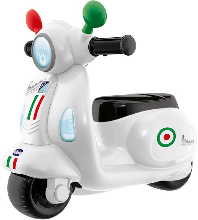 Chicco Vespa per Bambini Primavera Bianca, Moto Giocattolo Cavalcabile con Pannello Elettronico, Luci e Suoni, Ruote di Supporto Rimuovibili, Max 25 Kg, Giochi per Bambini 1-3 Anni